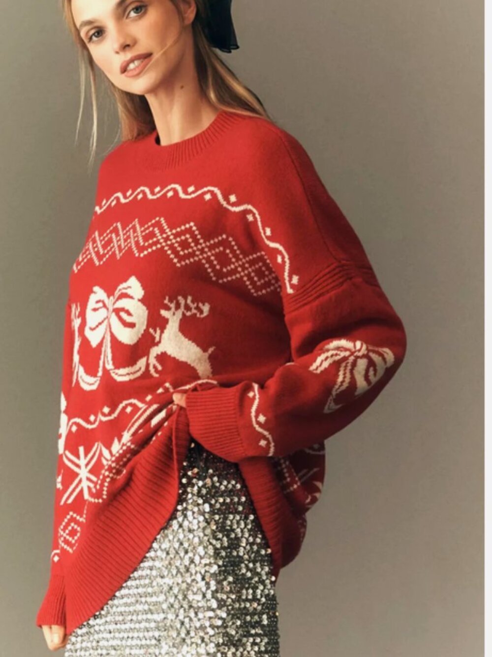Anthropologie Maeve Oversized Reindeer Graphic Sweater Christmas Holiday S NWT